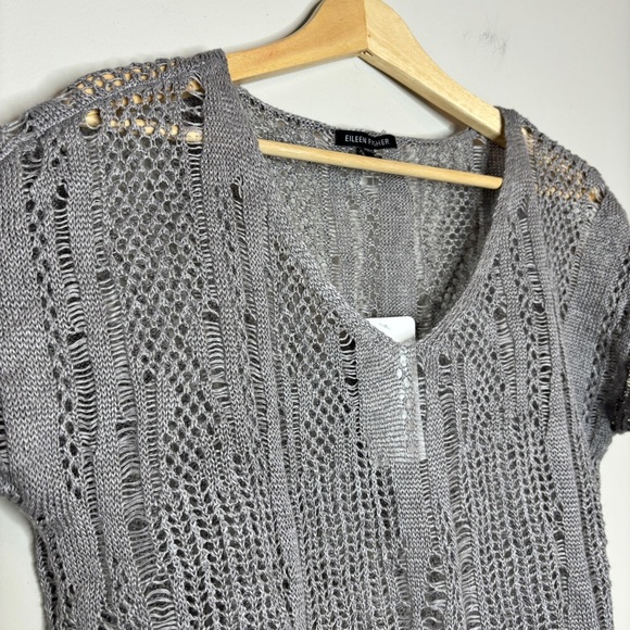 Eileen Fisher Gray Linen Metallic Blend Open Knit V-Neck Short Sleeve Top XS NWT - Picture 2 of 8
